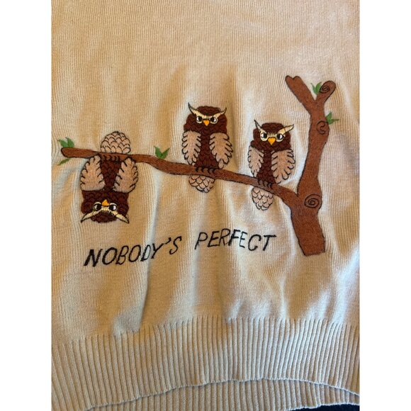 Lady LaMode Beige V-Neck Sweater Owl Embroidery "Nobodys Perfect" L Vintage 70s - Picture 2 of 5